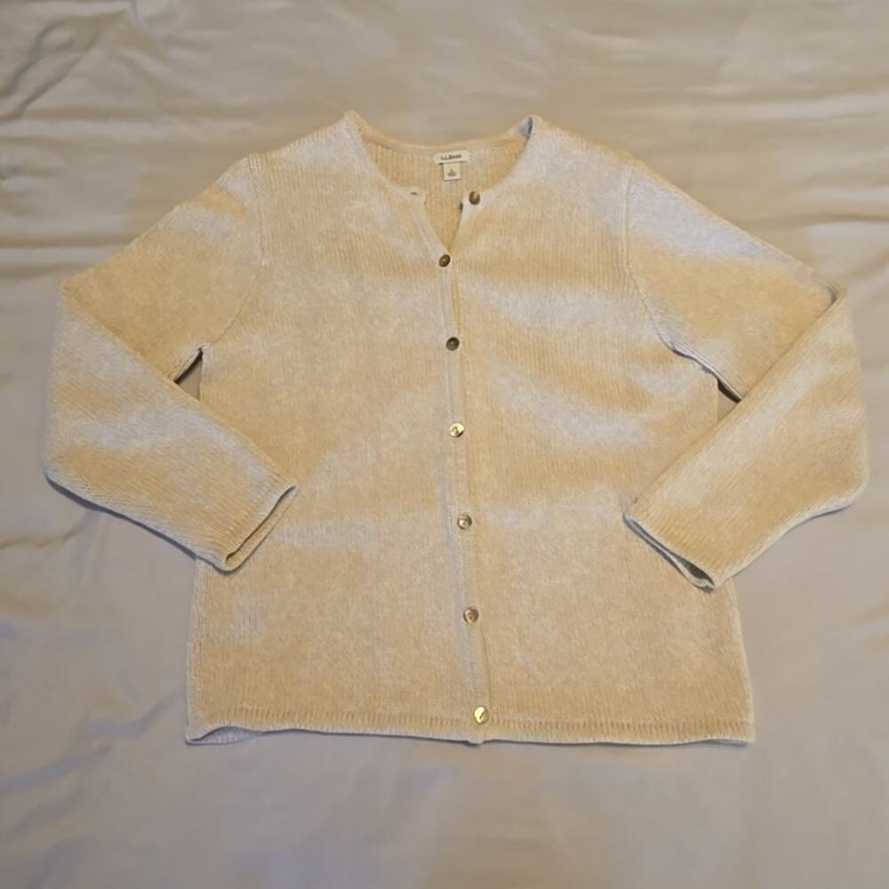 L.L. Bean Women’s Cotton Knit Cardigan Sweater Large Oatmeal Beige Button Front - Picture 7 of 9